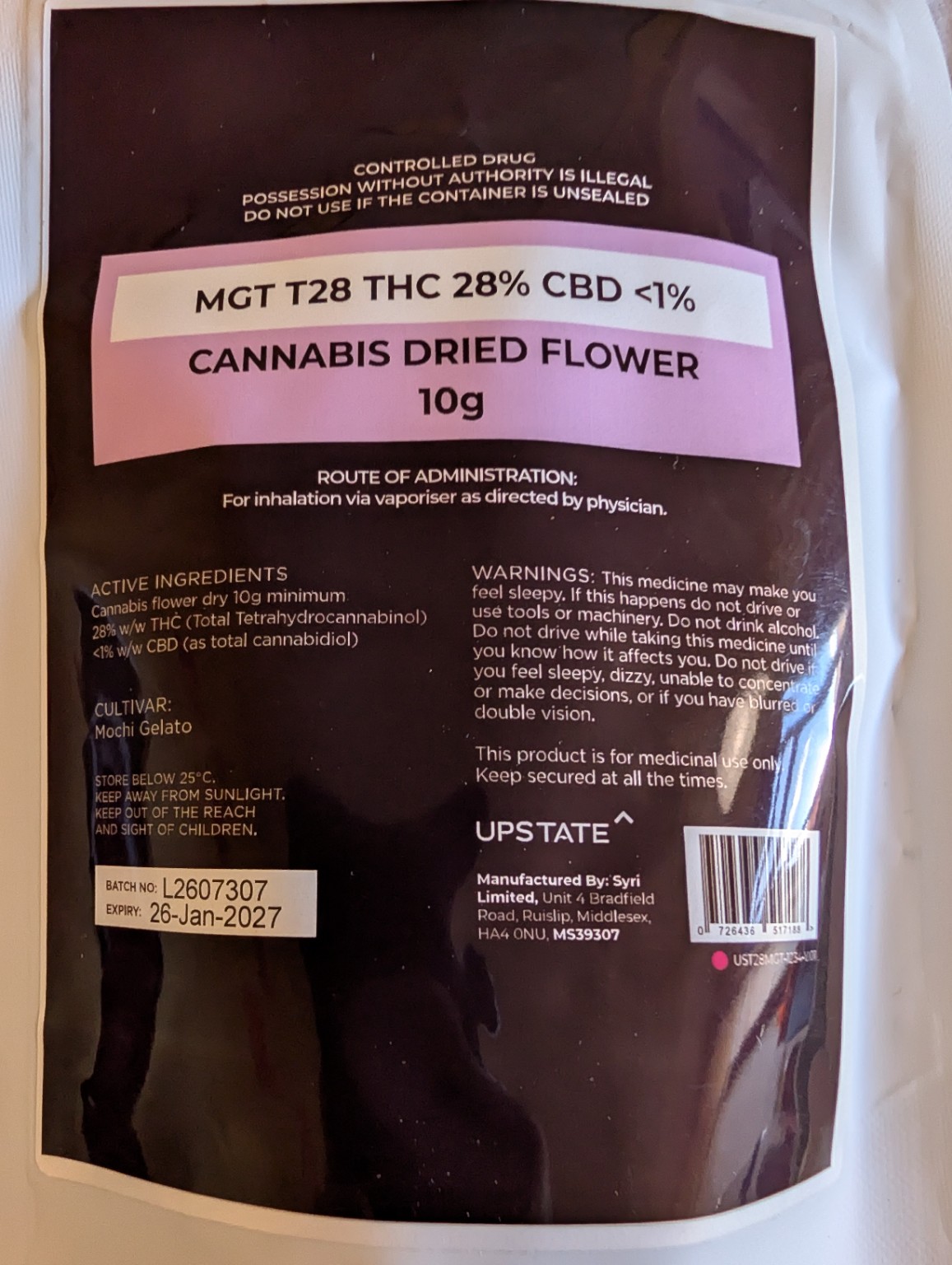 A prescribed MGT T28 Mochi Gelato medical cannabis pack.