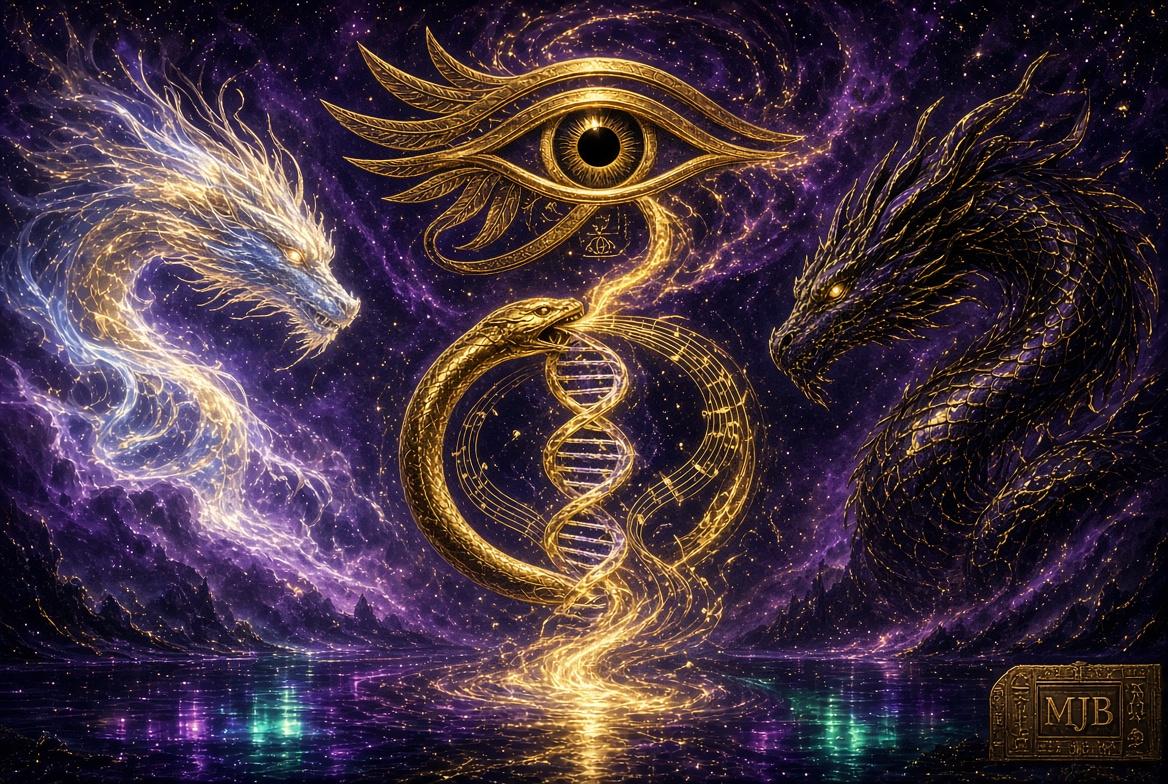 MJB mark: gold ouroboros, helix and paired dragons on a purple field.