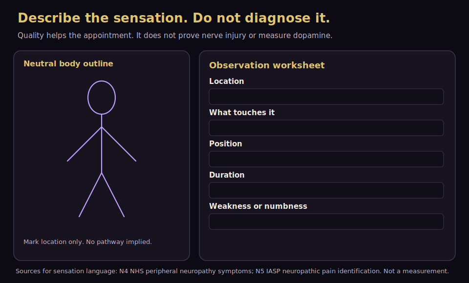 Neutral body outline and a worksheet for location, contact, position, duration, and weakness or numbness.