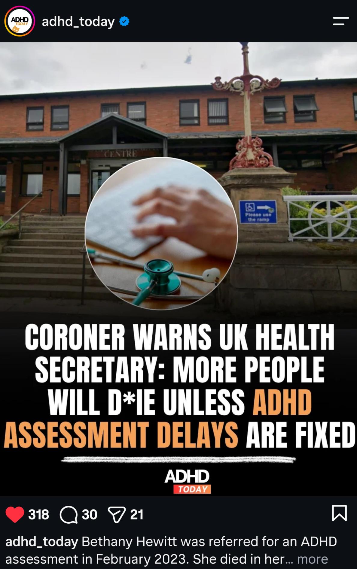 Social card: coroner warns the UK health secretary that more people will die unless ADHD assessment delays are fixed. Caption names Bethany Hewitt.